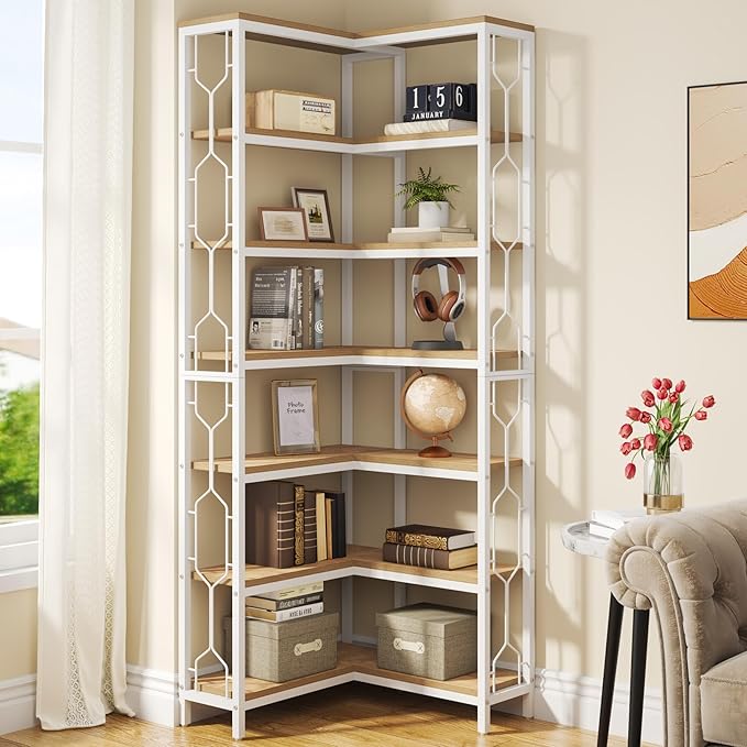Tribesigns Corner Shelf, 7-Tier Industrial Corner Bookshelf, Wood and Metal Corner Etagere Bookcase, Freestanding Display Shelf for Living Room, Kitchen, Home Office, White and Natural