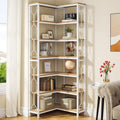 Tribesigns Corner Shelf, 7-Tier Industrial Corner Bookshelf, Wood and Metal Corner Etagere Bookcase, Freestanding Display Shelf for Living Room, Kitchen, Home Office, White and Natural