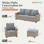 Patio Furniture Set 5 pcs, Wicker Outdoor Patio Furniture, 3-Seat Sofa, 2 Single Chairs and 2 Ottomans, Rattan Patio Conversation Set for Backyard Deck, Grey