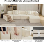 140''Oversized Cloud Velvet Curved Sectional Couch, Boneless Couch with L-Shape Chaise, Upholstered Compression Memory Foam Modular Sectional Sofa for Living Room, No Assembly Required, Beige