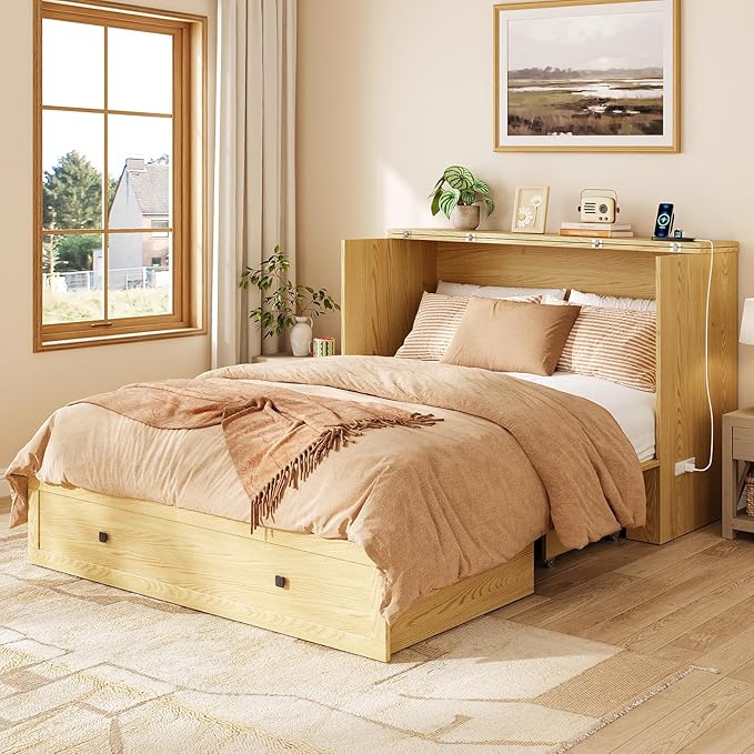 Murphy Bed Queen with Storage & Charging Station, Murphy Cabinet with Foldable Panel, Noisy Free, for Guest Bedroom, Living Room, Office, Distressed,Natural