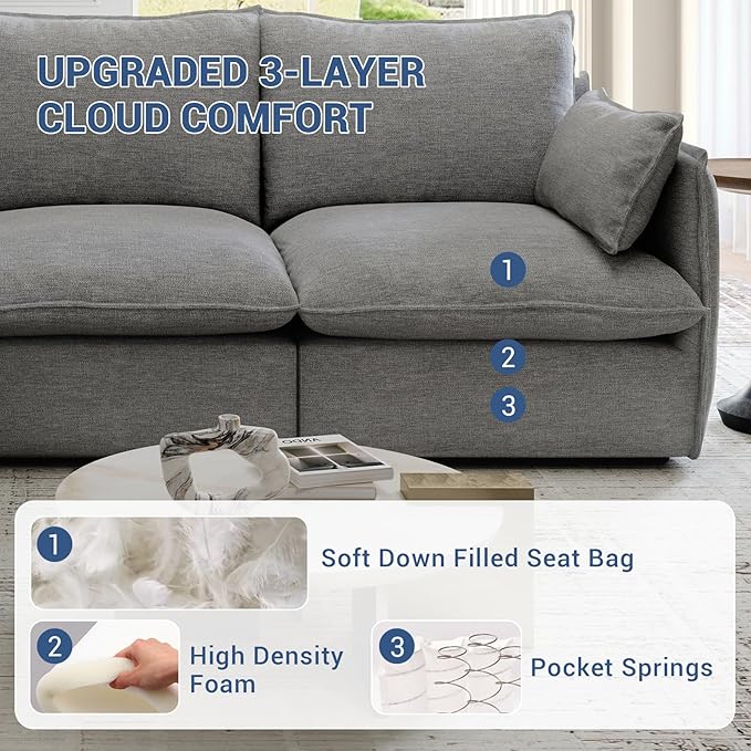 124" Cloud Modular Sectional Sofa, Waterproof Down Filled Sectional Couch, High Backrest L Shaped 4 Seater Couch with Ottoman, Modern Modular Sofas with Removable Cover, Dark Gray