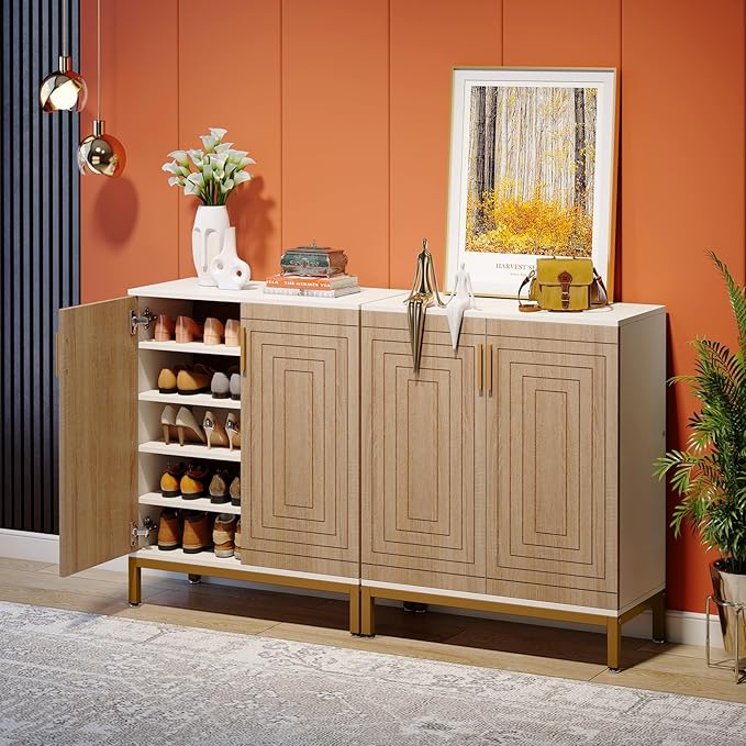 Tribesigns Shoe Cabinet with Doors, 20 Pairs Entryway Shoe Storage Cabinet with Shelves, 5-Tier Modern Free Standing Shoe Racks Storage Organizer for Closet, Living Room, Bedroom(White/Natural)