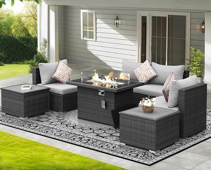 NICESOUL 7 Piece Modern Outdoor Seating Groups with Firepit Natural Gas/Propane, 29.3'' High Back Oversized Rattan Patio Conversation Sofas Set, Deep Seated Wide Sectional Couches for Outside, Gray