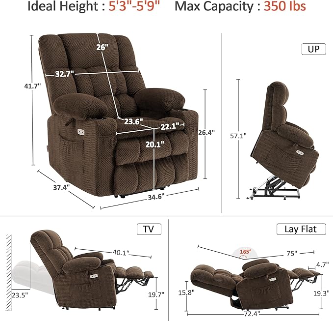MCombo Dual Motor Power Lift Recliner Chair with Massage and Heat for Elderly People, Infinite Position, USB Ports, Cup Holders, Fabric 7890 (Medium, Mocha)