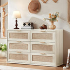 LEYAOYAO Rattan 6 Drawer Dresser for Bedroom, Boho 48" Wide White Dresser Chest of Drawers, Dressers TV Stand with Metal Handle, Storage Dressers Closet Organizer for Living Room, Hallway