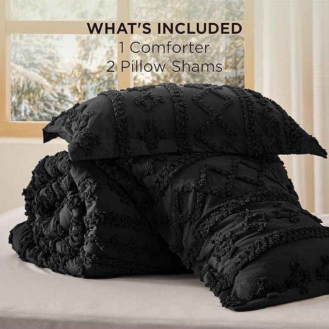 Bedsure Tufted Boho Comforter Set California King - Black Boho Bed Set, GentleSoft™ 3 Pieces Farmhouse Shabby Chic Embroidery Bedding, Gifts for Woman, Soft Jacquard Comforter for All Seasons