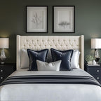 Madison Park Amelia Upholstered Headboard | Nail Head Trim Wingback Button Tufted | King, Cream