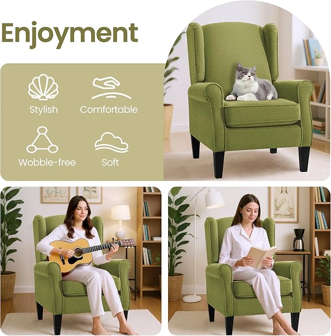 Accent Chair for Living Room, High Back Reading Armchairs with Removable Seat Cushion, Mid-Century Green Single Couch in Fabric, Modern Ergonomic Wingback Chair for Bedroom,Club, Balcony