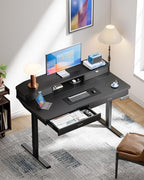 HUANUO 48 x 30 inch Electric Standing Desk with Wood Drawers, Adjustable Height Sit Stand Home Office Desk with Two Tiers, Ergonomic Adjustable Stand up Desk C-Clamp Monitor Mount Compatible, Black