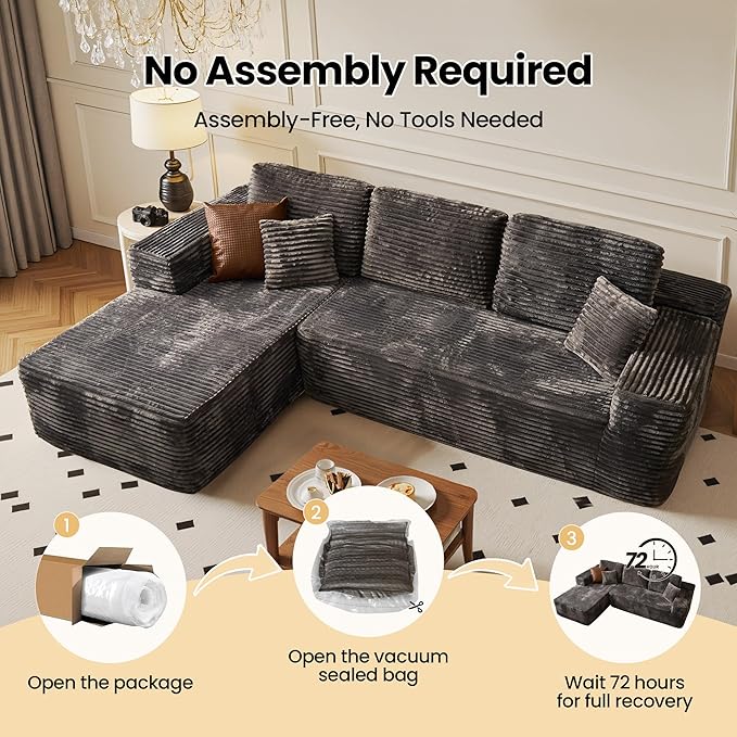104" Cloud Sectional Couch with Chaise, Boneless L-Shaped Cloud Couch with Deep Seat, Soft Plush Modern Minimalist Sofa, Assembly Free Comfy Sofa for Office Living Room Apartment(Grey, Left Chaise)