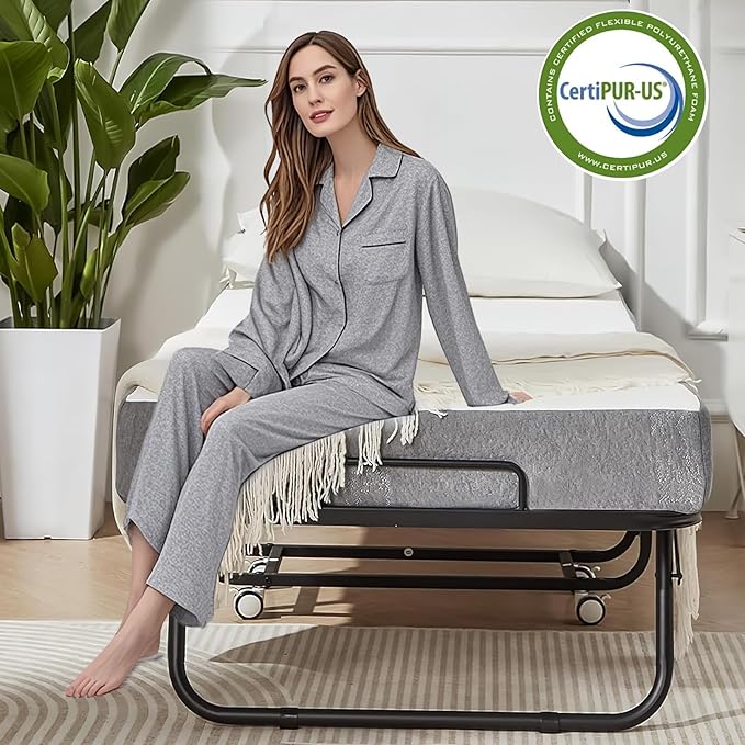 75" x 38" Folding Beds with Mattress for Adults, Portable Foldable Twin Bed with Memory Foam Mattress & Super Strong Frame, Convenient Roll Away Guest Bed for Storage
