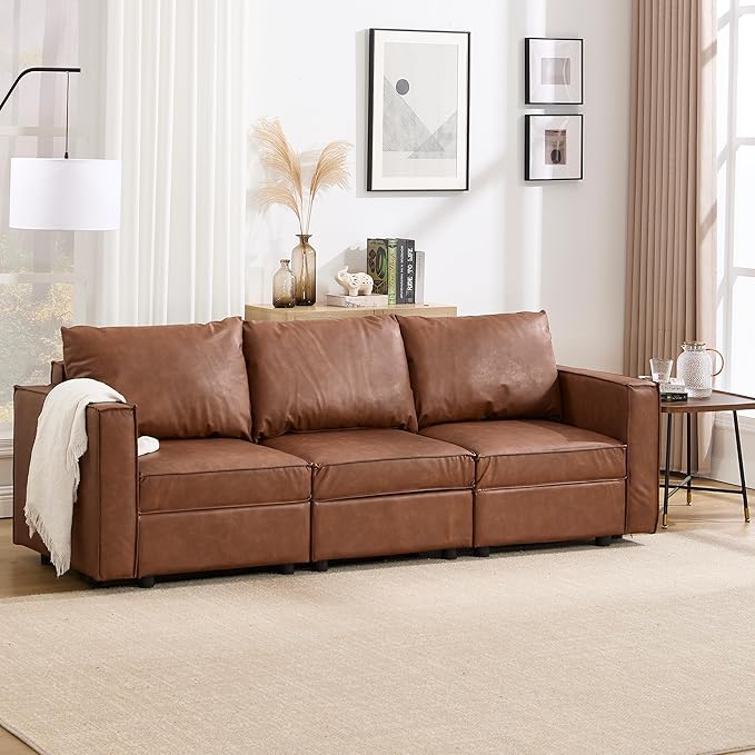 3 Seater Brown Leather Modular Sectional Sofa, 90 inch Cloud Modular Sectional Couch, Modern Convertible Comfortable Sofa for Living Room/Apartment
