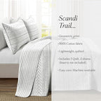 Lush Decor Hygge Geo Pattern Striped 3 Piece Quilt Bedding Set, King, Gray & White