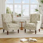 Accent Chair, Upholstered High Back Floral Armchair with Nailhead Trim & Wood Legs, Comfy Wingback Reading Single Sofa Chair for Small Spaces, Living Room, Bedroom ( Light Brown Floral, Set of 2)