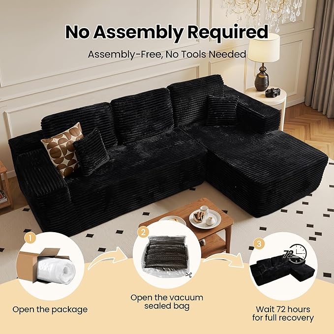 104" Cloud Sectional Couch with Chaise, Boneless L-Shaped Cloud Couch with Deep Seat, Soft Plush Modern Minimalist Sofa, Assembly Free Comfy Sofa for Office Living Room Apartment(Black, Right Chaise)