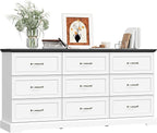 9 Drawer Dresser for Bedroom, 63" Wide Wooden Chest of Drawers, Rustic Farmhouse Dresser with Large Drawers & Metal Handles, Modern Storage Organizer for Closet, Living Room, Hallway, White