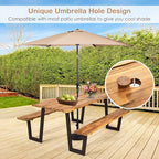 COSTWAY Acacia Wood Picnic Table, 70” Tabletop with Umbrella Hole, Strong Metal Frame, 6 Person Outdoor Picnic Table Bench Set for Patio, BBQ, Dining