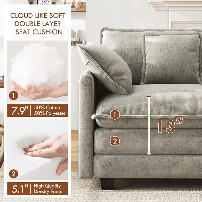 WorthFurni 111.4” Cloud Couch, Modular Sectional Sofa, Comfy Modern 3-Seater Couches with Pillows & Upholstered Deep Seat Cushion for Apartment Living Room Bedroom （Grey）
