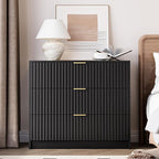 3-Piece Dresser Bedroom Set, 8 Drawer Dresser & 3 Drawer Nightstands with Gold Handles, Fluted Wood Chest of Drawers for Bedroom, Living Room, Entryway, Black