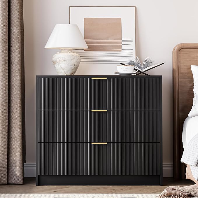 3-Piece Dresser Bedroom Set, 8 Drawer Dresser & 3 Drawer Nightstands with Gold Handles, Fluted Wood Chest of Drawers for Bedroom, Living Room, Entryway, Black