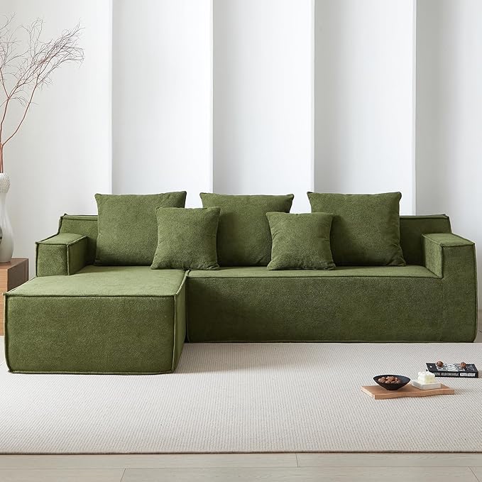 101" Boneless Couches for Living Room, Fully Memory Foam Sofa with Deep Seat, L Shape Sectional Couch Velvet Fabric, Compressed Sofa in a Box,No Assembly Required (Green)