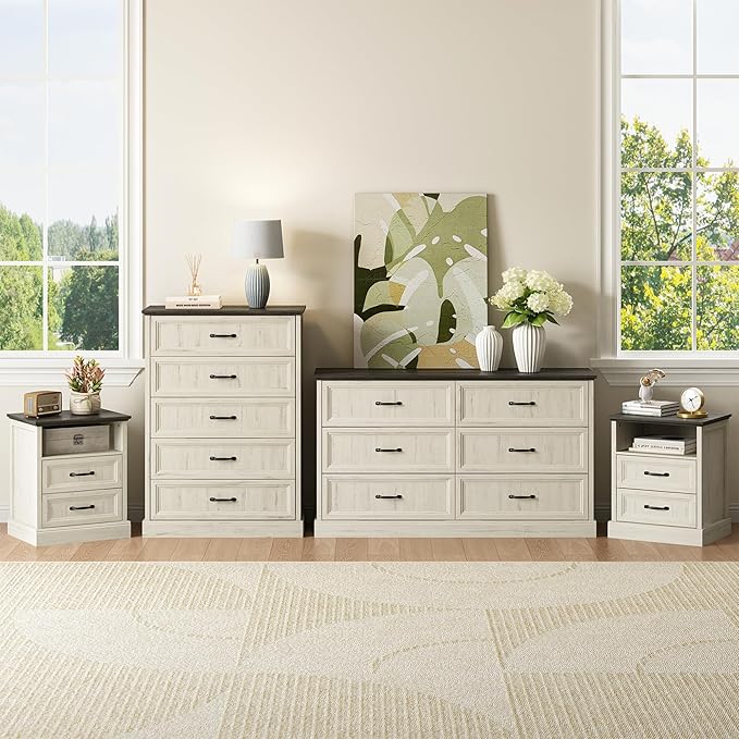 CARPETNAL Farmhouse Dresser and Nightstand Sets for Bedroom, 4 Pcs Bedroom Set, 5 Drawer & 6 Drawer Dresser and Nightstand Set of 2, Wood Chest of Drawers for Living Room, Entryway, White