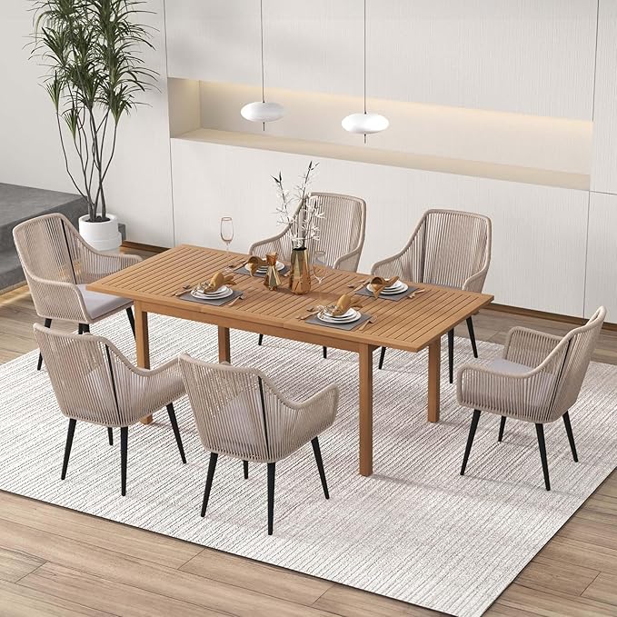 JOIVI Outdoor Dining Set for 6, 7 Pieces Patio Dining Table and Chairs Set, Rattan Rope Patio Outdoor Furniture Set with Extendable Dining Table for Deck, Backyard, Garden, Dining Room, Tan