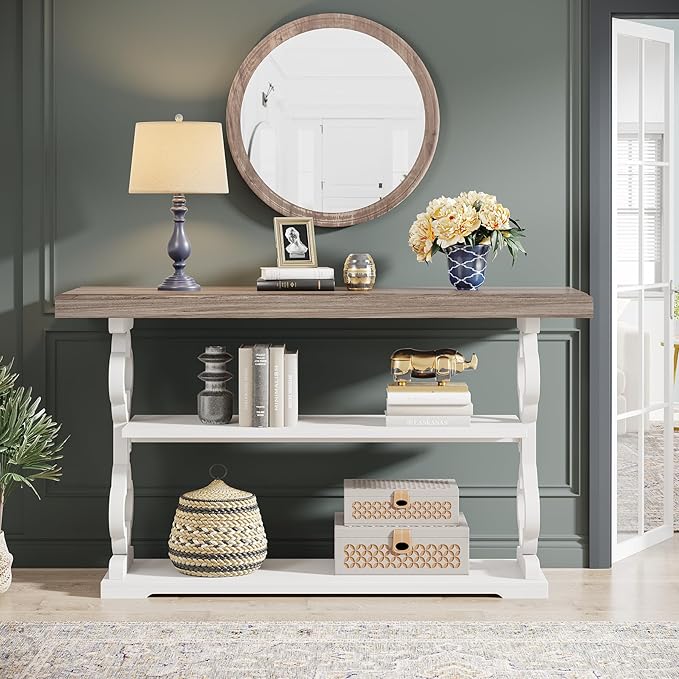Tribesigns Farmhouse Console Table, 55 inch Long Sofa Table with Storage Shelves, 3 Tier Wood Accent Entry Table for Hallway, Entrance, Living Room, Foyer, Grey and White