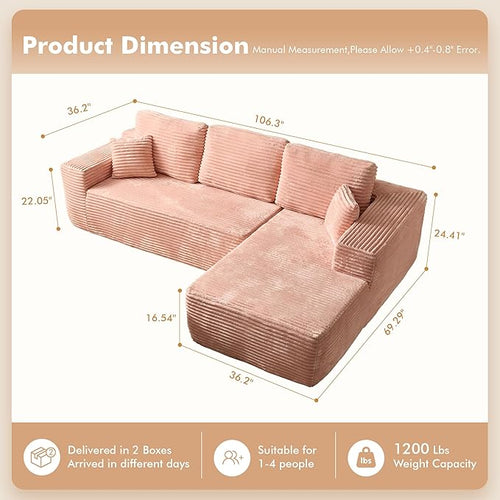 106" Cloud Sectional Couch with L-Shape Chaise, No Assembly Modular Sofa, Deep Seat Plush Corduroy Boneless Couched for Living Room (Pink Plush Corduroy, Right Facing Chaise)