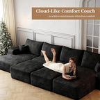 135.4" Large Cloud Modular Sectional Couch with Ottoman, Minimalist Upholstered Couches, Comfort U Shaped Sofa for Living Room,Deep Seat Corner Couch，No Assembly Required (Black,Left Facing Chaise)