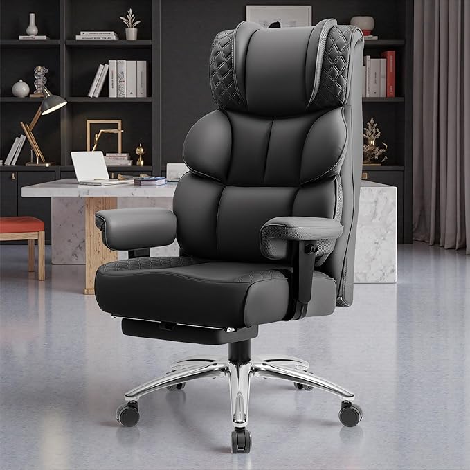 Office Desk Chair, Big and Tall Leather Gaming Chair with Footrest, Wide Ergonomic Comfy Executive High-Back Reclining Computer Chairs, Swivel Rolling Wheels and Lumbar Support, Matte Black