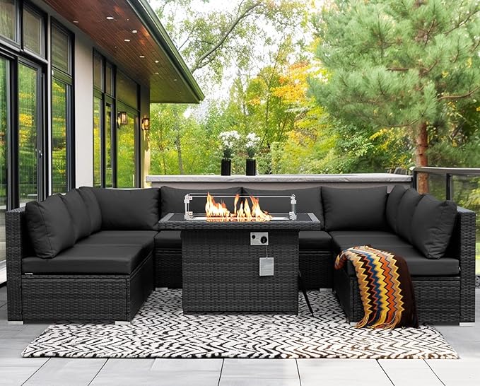 NICESOUL 9 Piece Modern Outdoor Furniture Set with Fire Pit Table, 8 Seat L-Shaped Extra Large Sectional Sofa Sets, 29.3'' High Back Comfy Modular Wicker Conversations, Natural Gas & Propane, Grey