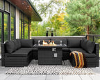 NICESOUL 9 Piece Modern Outdoor Furniture Set with Fire Pit Table, 8 Seat L-Shaped Extra Large Sectional Sofa Sets, 29.3'' High Back Comfy Modular Wicker Conversations, Natural Gas & Propane, Grey