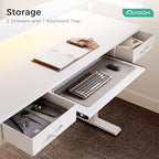 AODK Electric Standing Desk with Drawers & Keyboard Tray, 55 Inch Height Adjustable Gaming Desk with Power Outlets & LED Lights, Sit Stand Table with Monitor Stand for Home, Office, White