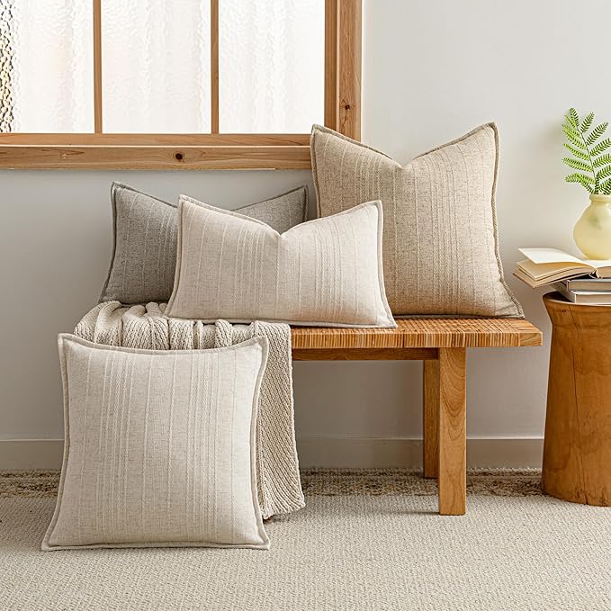 a moment Linen Pillow Covers Set of 2,Boho Farmhouse Throw Pillowcases Neutral Textured Decorative Covers for Couch Sofa Bed, Soft Linen Blend Accent Case Cushion Home Decor 20"x20" Beige Grey