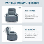 Oversized Swivel Rocker Recliner Chair with Heat and Massage, Large Big Recliner Chair for Living Room, 360 Degree Swivel Rocking Single Sofa with Cup Holders and USB Port(Fabric, Blue)