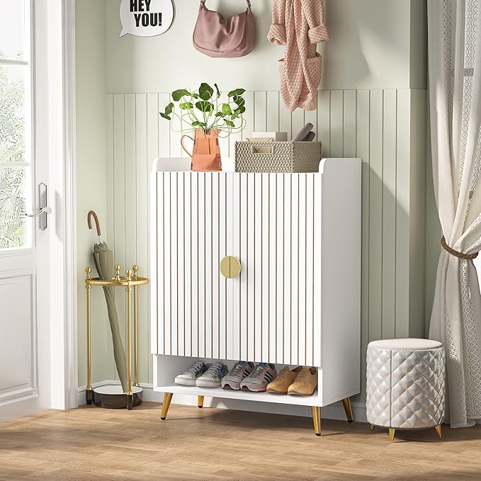 Tribesigns Shoe Cabinet with Doors, 6-Tier Shoe Storage Cabinet with Adjustable Shelves, Wooden Shoes Rack Shoe Storage Organizer for Entryway, Hallway, Closet, Living Room, White & Gold