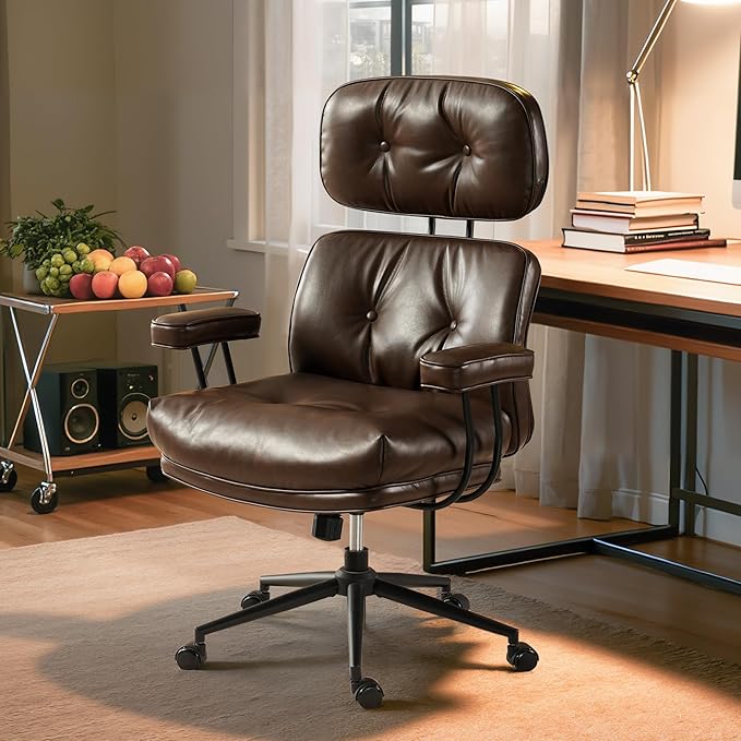 Home Office Desk Chair, Mid-Century Modern Office Chair with Adjustable Lumbar Support, Thickened Cushion Executive Desk Chair with 360 Rolling Swivel for Meeting Game Study Room(Coffee)