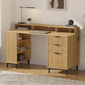 Fluted Executive Desk with Storage Shelf & File Drawer, 55" Modern Wood Office Desk with Monitor Stand & Charging Station, Home Writing Study Computer Table for Work Study, Natural Oak