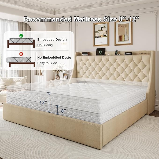 King Size Upholstered Platform Bed Frame with 4 Storage Drawers and Charging Station, Linen Button Tufted Wingback Headboard, Sturdy Wooden Support Slats, No Box Spring Needed, Beige