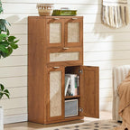 LEYAOYAO 48" Tall Storage Cabinet Set of 2,Rattan Bathroom Floor Cabinets with 4 Doors & 1Drawer,Boho Kitchen Pantry with Adjustable Shelves,Wooden Cupboard for Living Room,Home Office,Brown