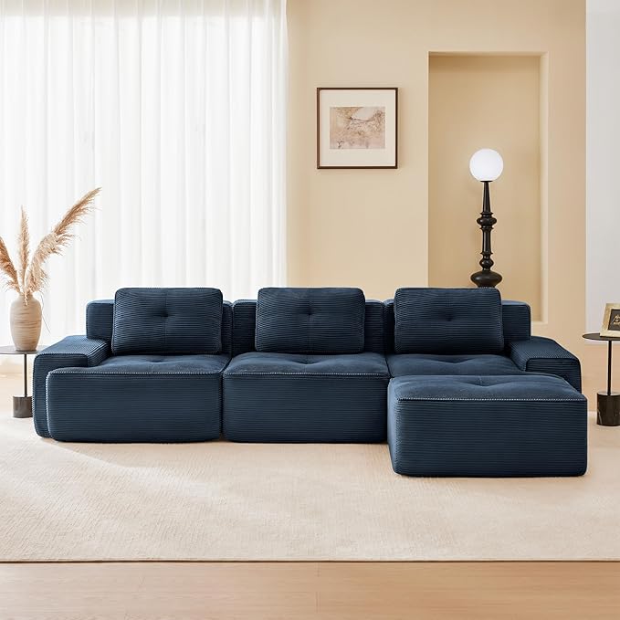 115.3” Blue Boneless Couches for Living Room, Modular Sectional Sofa with L-Shape Chaise, 3 Seater Comfy Upholstered Deep Seat Corduroy Fabric Cloud Couch No Assembly, Anti-Slip Design