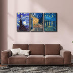 Wieco Art Black Framed 3 Panels Canvas Prints of Vincent Van Gogh Paintings Reproduction Starry Night Over the Rhone Cafe Terrace at Night Canvas Wall Art for Home Office Decor