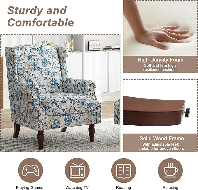 Pia Ricco Set of 2 Floral Accent Chairs, High Back Upholstered Armchairs with Retro Wingback Design, Nailhead Trim & Solid Wood Legs for Living Room Bedroom(Flower Blue)