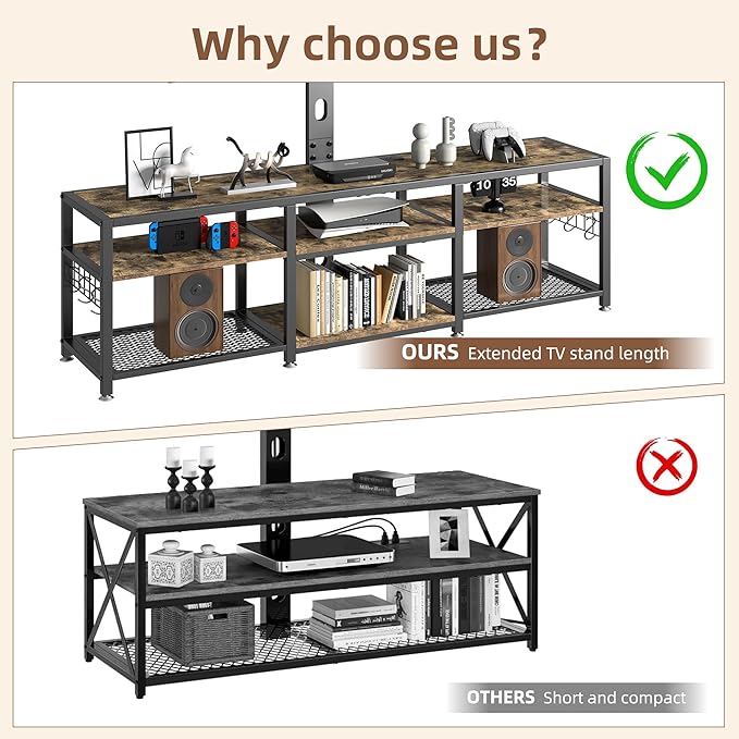 VECELO 71" TV Stand with Mount and Power Outlets, Entertainment Center with Open Storage Shelves, Height Adjustable Mount up to 80”, Wooden Table and Metal Frame for Living Room, Rustic Brown