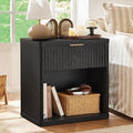 LEYAOYAO Fluted Nightstand with Charging Station, 23" Wide 1 Drawers End Table,Black Night Stand with Open Storage Cabinet, Farmhouse Bed Side Tables, Wood Dresser for Bedroom, Living Room, Closet