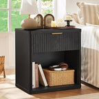 LEYAOYAO Fluted Nightstand with Charging Station, 23" Wide 1 Drawers End Table,Black Night Stand with Open Storage Cabinet, Farmhouse Bed Side Tables, Wood Dresser for Bedroom, Living Room, Closet