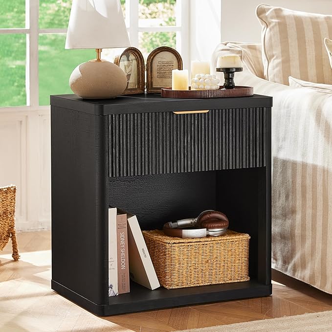LEYAOYAO Fluted Nightstand with Charging Station, 23" Wide 1 Drawers End Table,Black Night Stand with Open Storage Cabinet, Farmhouse Bed Side Tables, Wood Dresser for Bedroom, Living Room, Closet