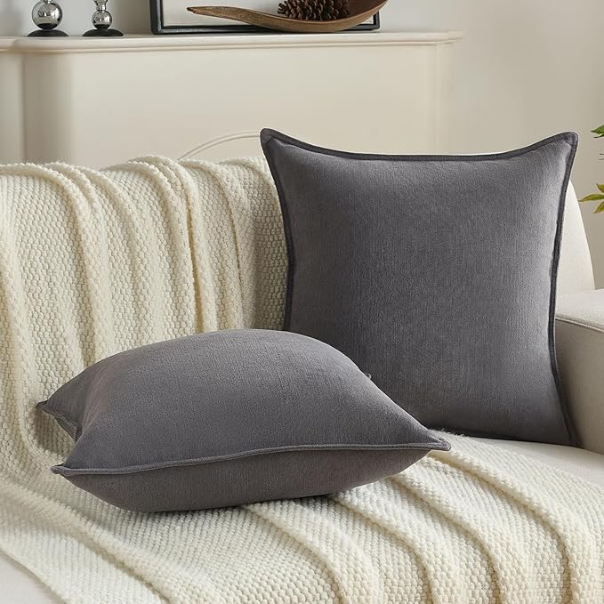 FUTEI Dark Grey Chenille Throw Pillow Covers 16x16 Inch Set of 2,Edges Double-Stitched Cushion Cases,Modern Home Decor for Couch Living Room